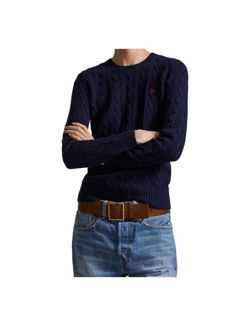 Maglia da donna in lana misto cashmere con lavoraziobìne a trecce, girocollo, colore blu navy POLO RALPH LAUREN | 211971865003